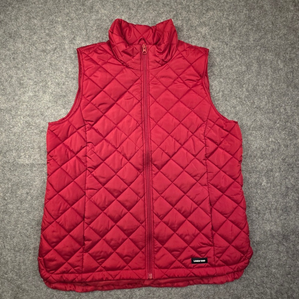 Lands End Red Quilted Vest Women Large Tall 14-16 Full Zip Pockets Mock Neck